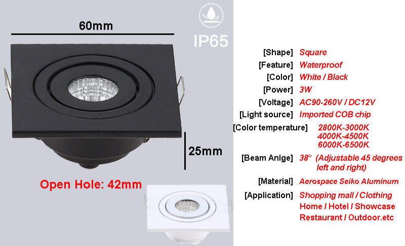 Dimmable LED Waterproof IP65 COB Ceiling Outdoor Recessed 3W AC90-260V DC12V Warm White LED Downlight Hotel Villa Home Lighting