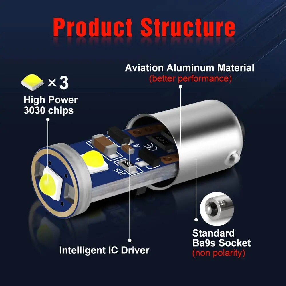 2Pcs Canbus 12V BA9S T4W Led Bulbs Car Interior Lights Marker Dome Readling License Plate Lamp White Red Yellow Blue