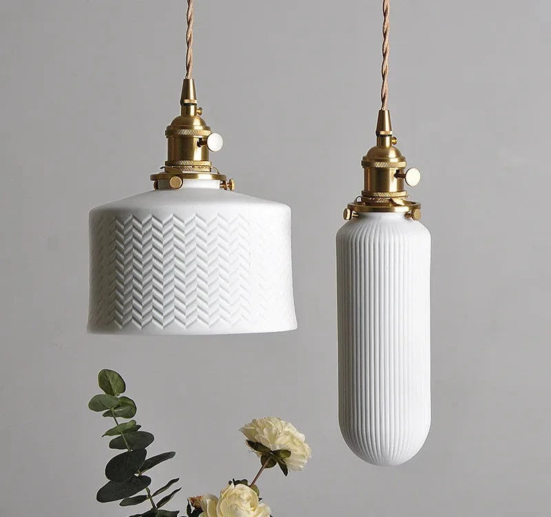 IWHD Nordic White Ceramic LED Pendant Lights Fixtures Knob Switch For Bedroom Dinning Living Room Modern Copper Hanging Lamp