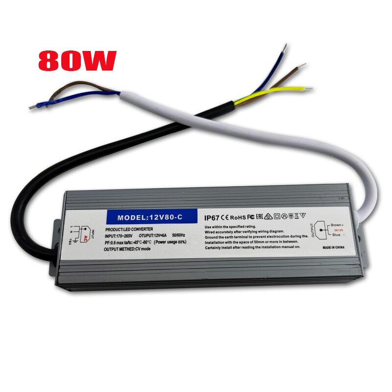 Waterproof IP67 LED Driver Ac DC 12V/24V 10W 15W 20W 25W 30W 36W 45W 50W 60W 80W 100W 120W 150W Power Supply for LED Strip Light