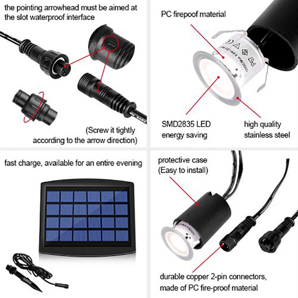 6/8pcs LED Deck Light Solar Powered 12V Underground Lights Recessed Stair Floor Lamps Waterproof IP67 Landscape Garden Lighting