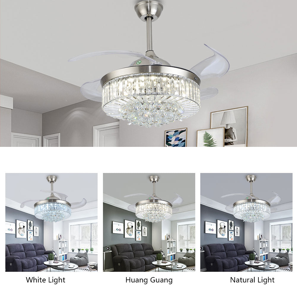 Retractable LED Ceiling Fan Light Crystal Fan Dimmable Pendant Light with Remote Control