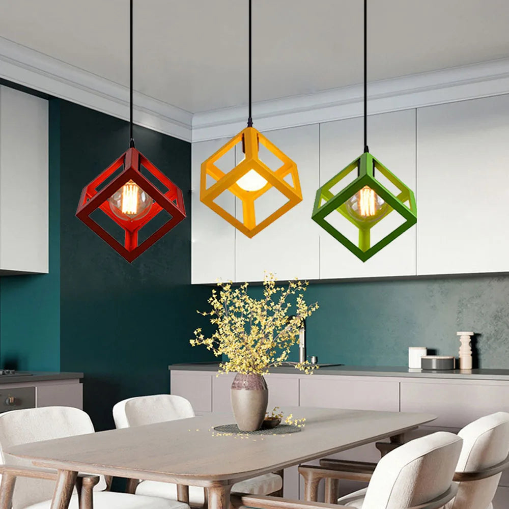 Nordic Style 3 in 1 Pendant Lights Creative Geometric Lamp Shade Cube E27 Base Metal Hanging Light Square Ceiling Lighting Decors