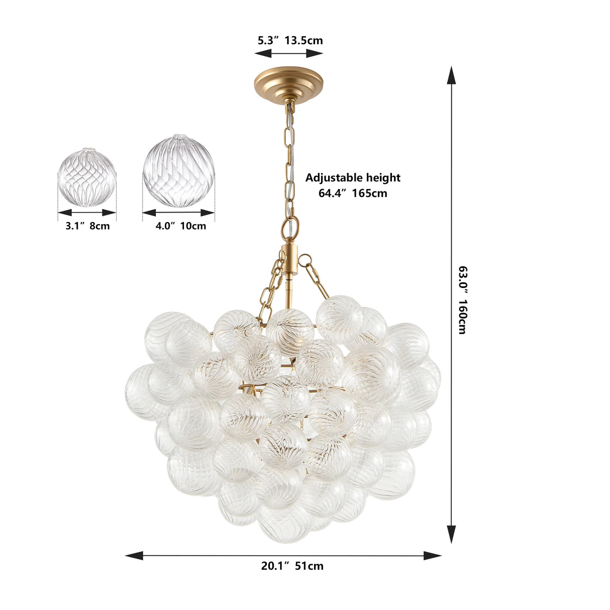 20-Inch Gold Pendant Light Chandelier with Threaded Clear Glass Globe Shade Adjustable Height (No Bulbs)