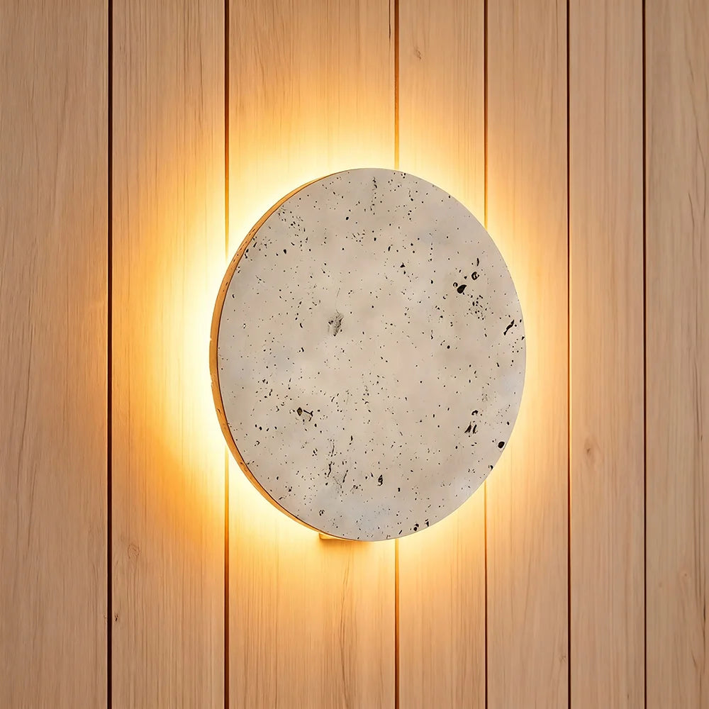 Huangdong Stone Round Thin Slice LED Wall Lamp - Designer Natural Travertine Accent Sconce Light Fixture for Bedroom Bedside, Living Room & Staircase