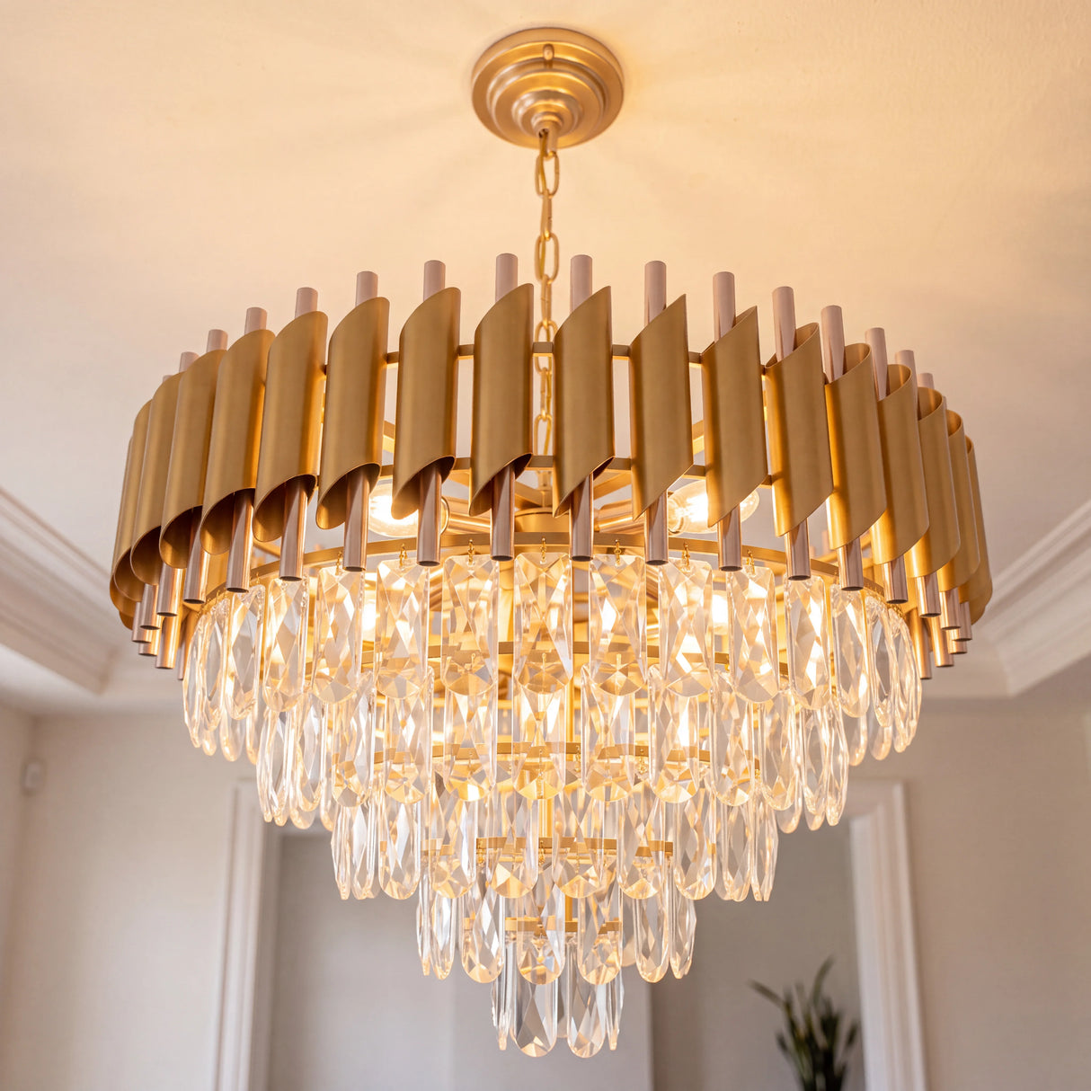 Modern Gold Round Crystal Chandelier, 5-Tier Raindrop K9 Crystal Pendant Light Adjustable Chain Luxury Ceiling Light Fixture for Dining Room Kitchen Island Living Room Bedroom