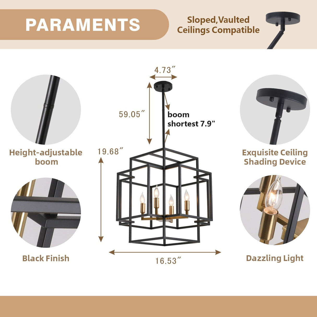 4-Lights Lantern American Style Pendant Lights Fixtures Industrial Farmhouse Hanging Chandelier for Living Room Island Kitchen