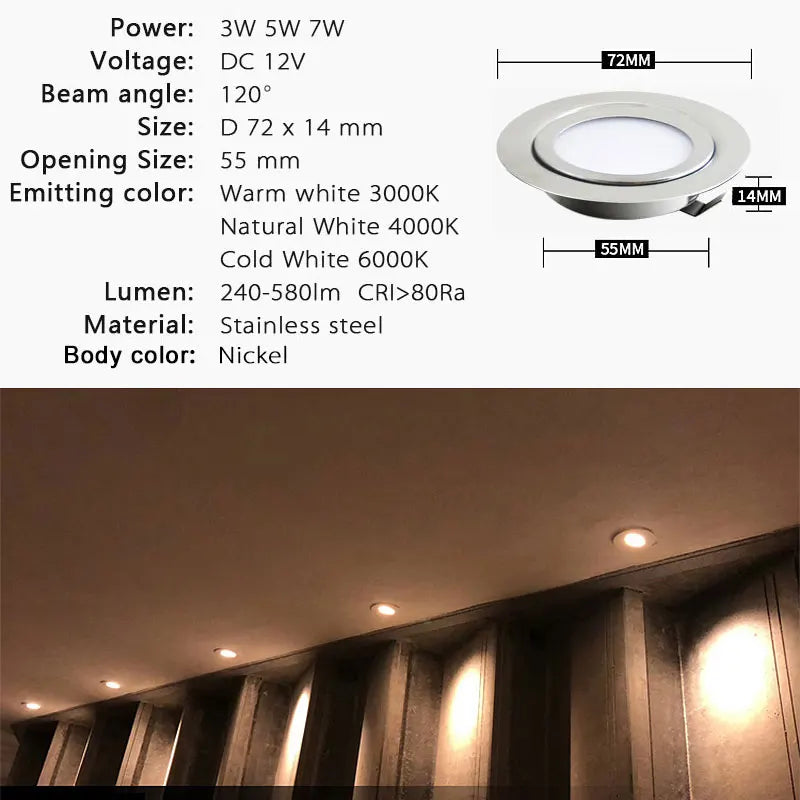 3W 5W 7W DC12V 14mm Slim LED Ceiling Downlight Nickel Color Mini Recessed Lighting 2inch Hole Cut Embedded Lamp Display lights
