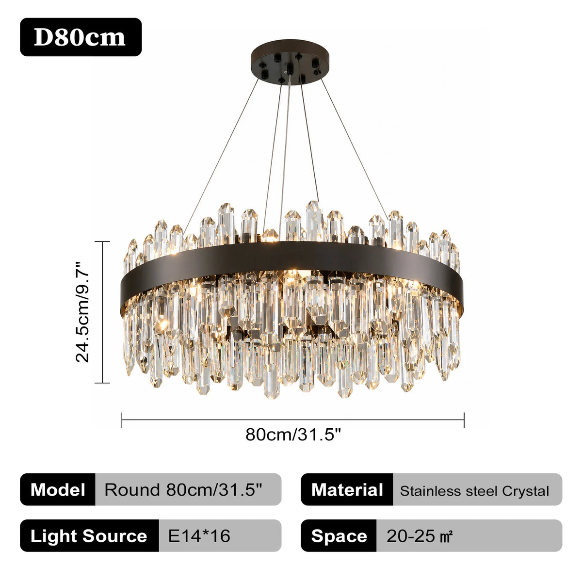 Italian Design Luxury Crystal Chandelier Light (E14) - Customizable Hanging Pendant Lamp Fixture for Living Room & Dining Room