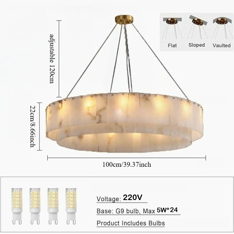 Modern Natural Marble Dimmable Pendant Light - Round Alabaster Ceiling Chandelier Fixture for Living Room & Dining Room