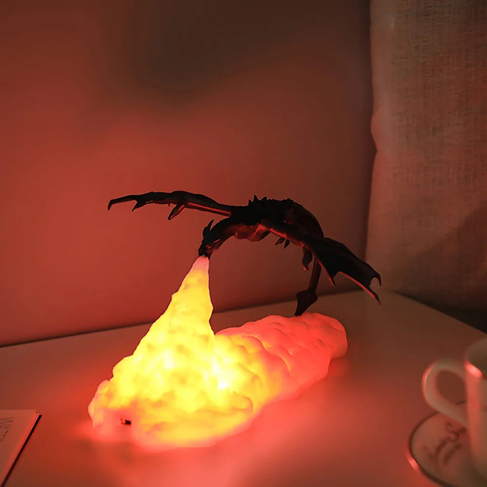 3D Printed LED Fire Dragon Night Light (USB Rechargeable) - Mythical Desktop Flame Lamp for Gaming Desk, Kids Room & Camping