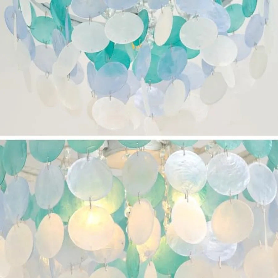 13.8" Natural Capiz Shell Chandelier 3 Light Mi Chandelier Boho Ceilg Light Entryway Light Fixture for Girls' Bedroom Hallway L
