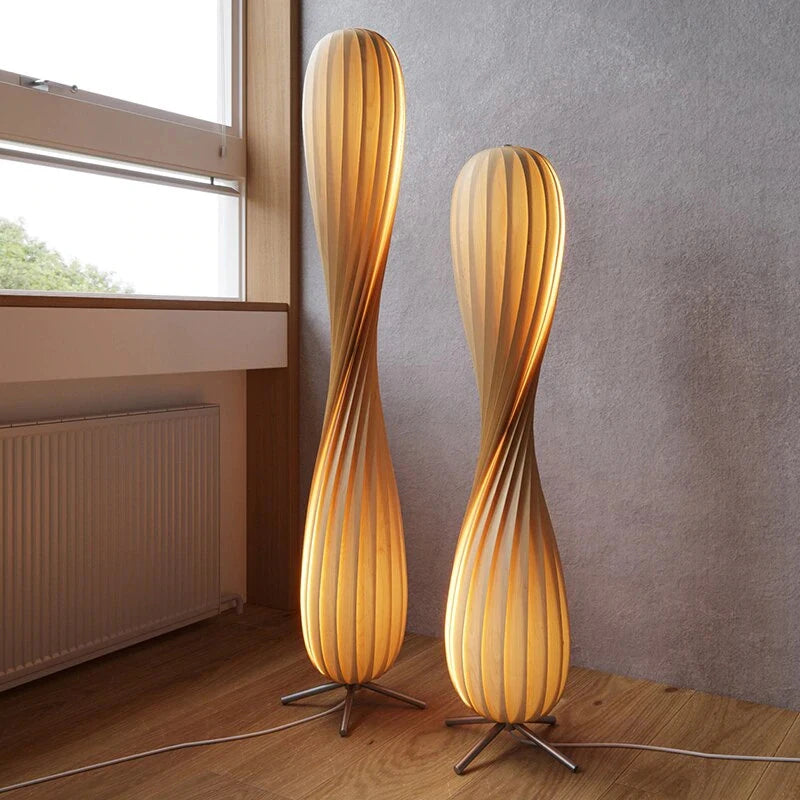 Wabi Sabi Living Room Bedroom Wooden Home Art Retro Simple Floor Lamp Lighting Thousand Layer Curved Small Waist Standing Light