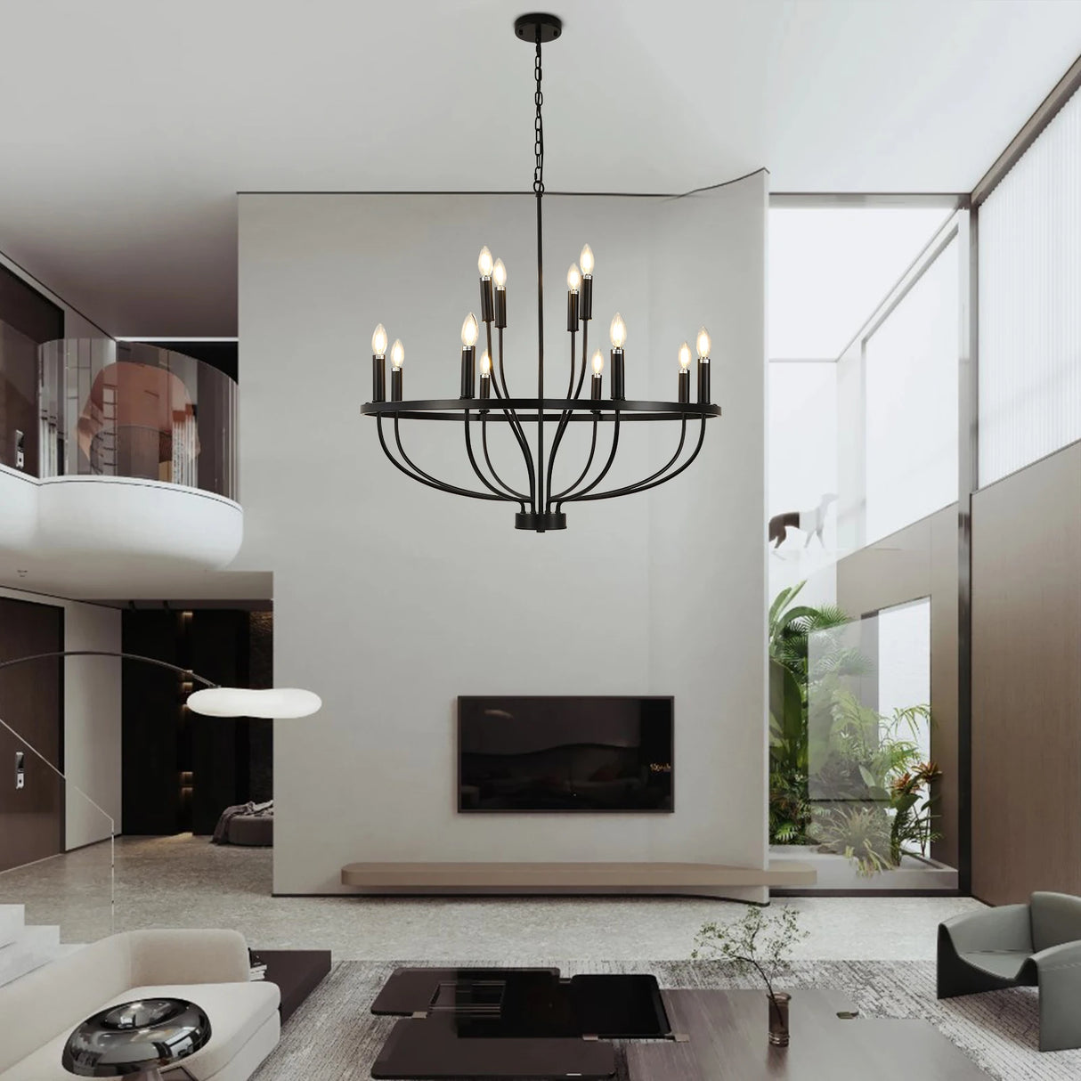12-Light Black Chandelier Diam 33.46 Inch, Farmhouse Industrial Country Style Large Round Pendant Light Fixture for Dining Room