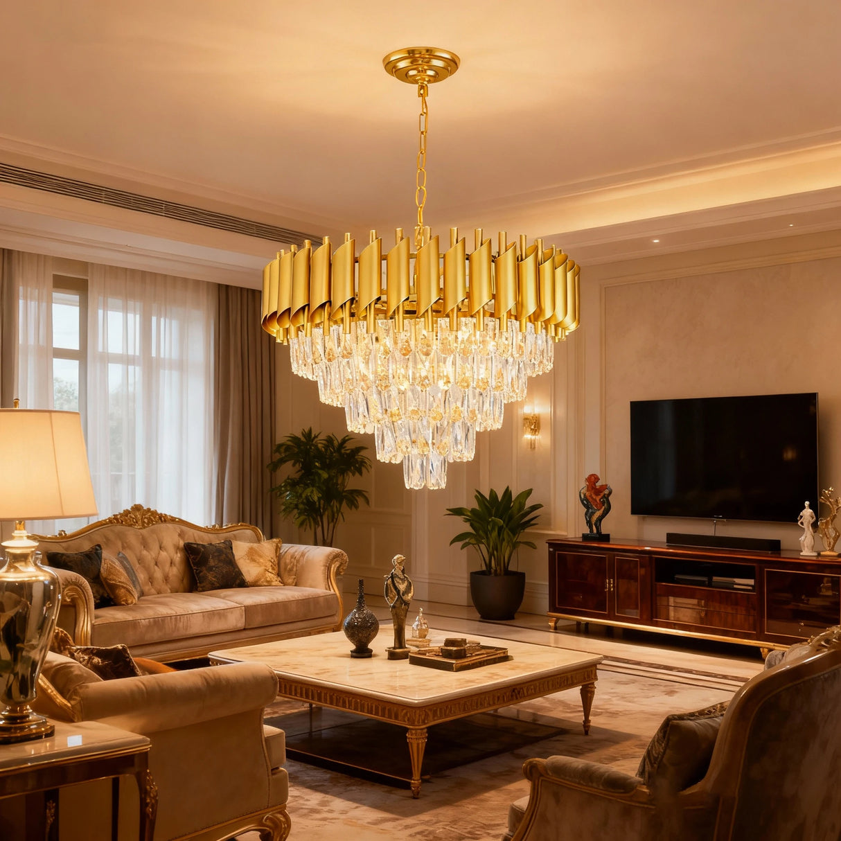 Modern Golden Crystal Chandelier, 5-Layer Circular Luxury Ceiling Chandelier, Suitable for Dining/Living Room/Entrance Hall
