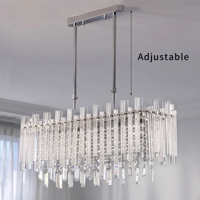Creative LED Crystal Chandelier for Dining Room Modern 2026 Rectangle Hanging Lamp Luxury Chrome Indoor Lighting Kitchen Lustre
