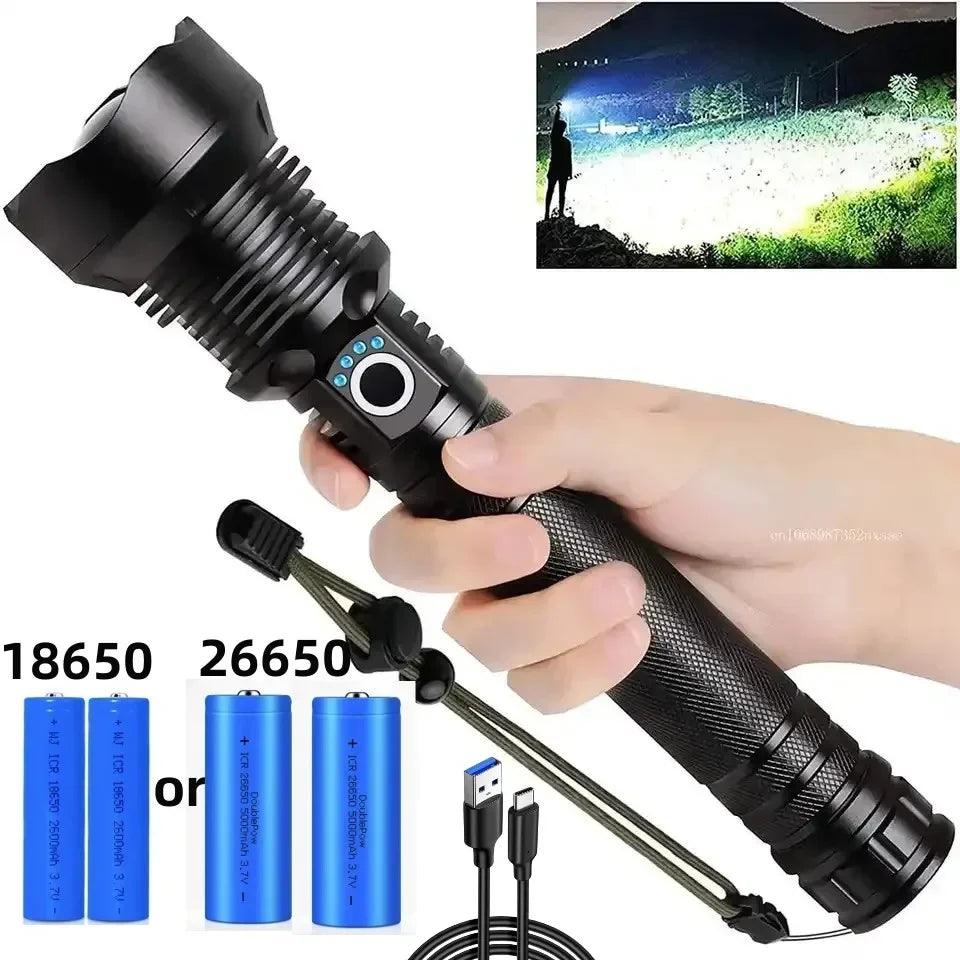 Super Bright Rechargeable LED Tactical Torch with Zoom USB Powerful XHP70.2 Flashlight Camp Lamp Using 18650 Or 26650 Battery