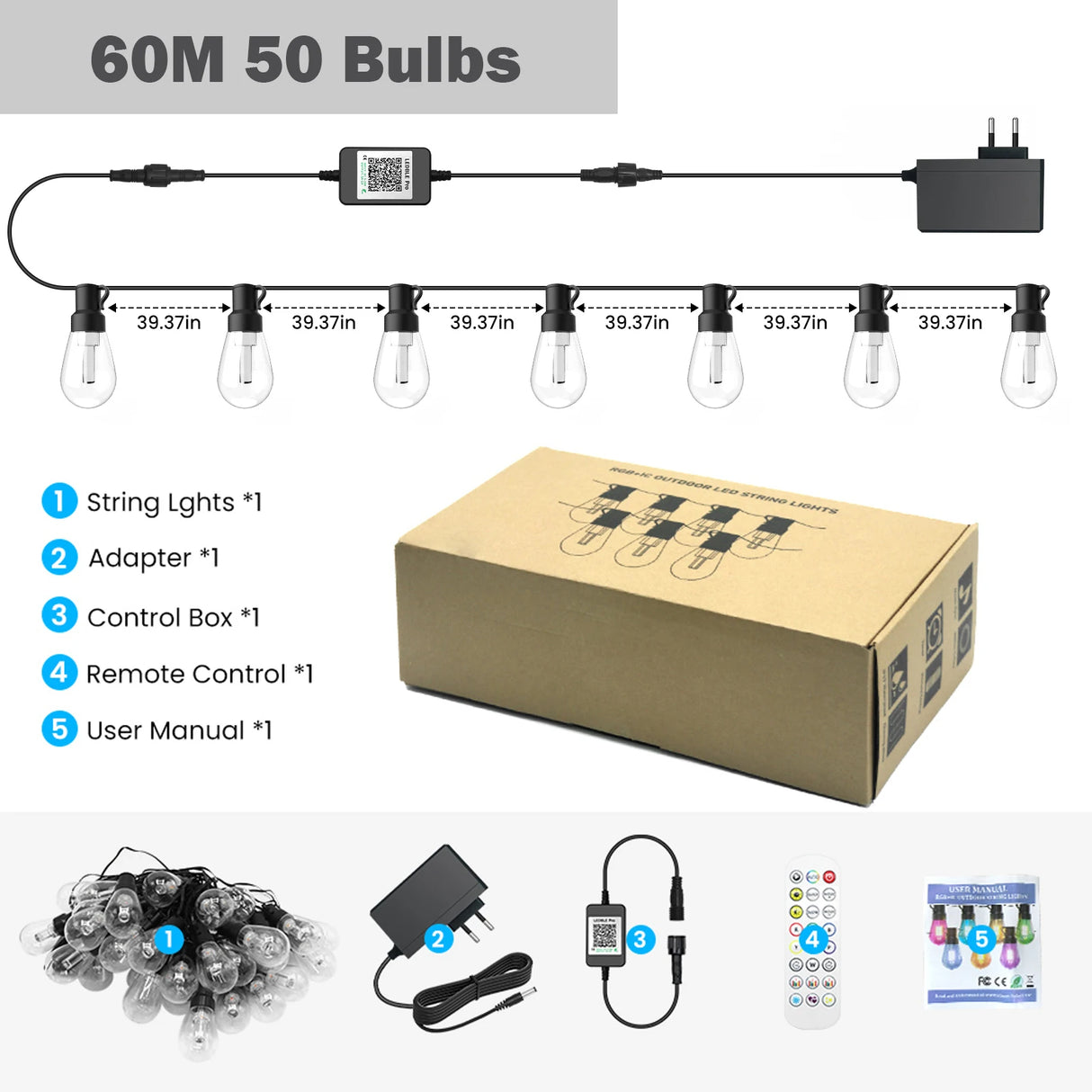 400ft Smart Outdoor Bulb String Lights APP Control RGBIC LED Bulbs Lights IP67 2.4 GHz Bluetooth Music Sync Garden Outdoor Decor