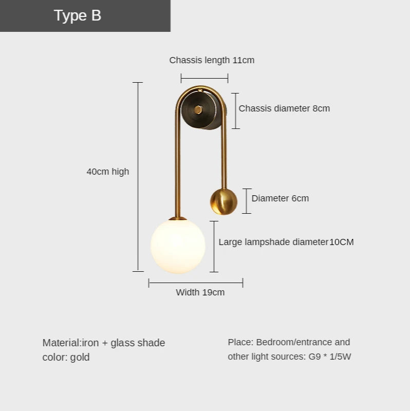 Modern Gold Glass Globe Wall Sconce - Elegant LED Lamp for Bedroom & Living Room