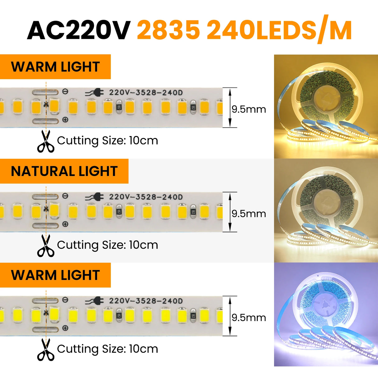 High-Density AC 110V 220V LED Strip Light - 240 LEDs/M Flexible Ribbon