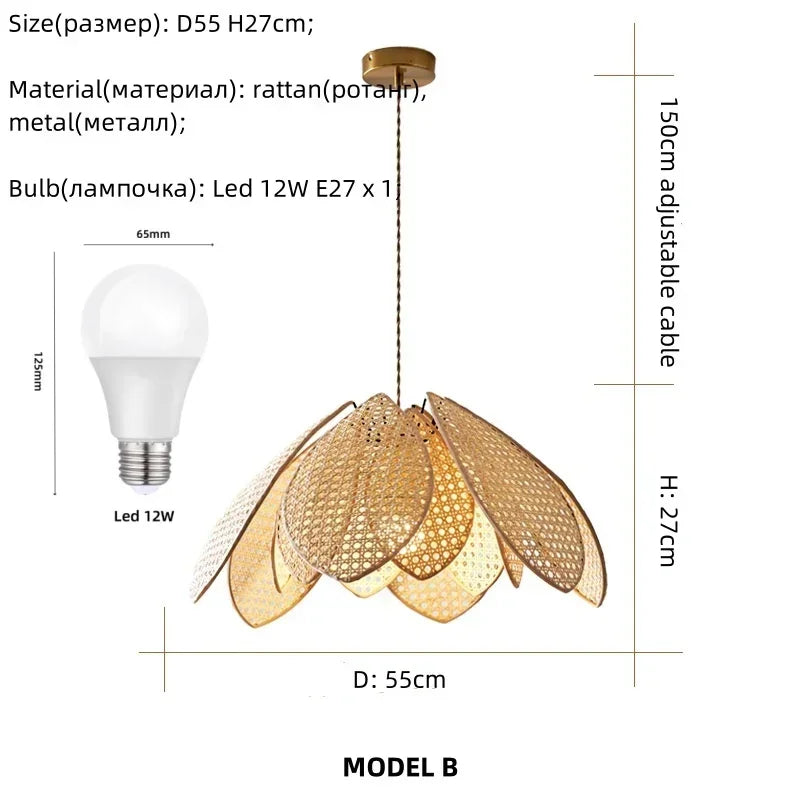 Dining Room Rattan Petal E27 Chandelier Nordic Wabi Sabi Led Pendant Lights Modern Simple Foyer Suspend Lamp Bedroom Lamparas