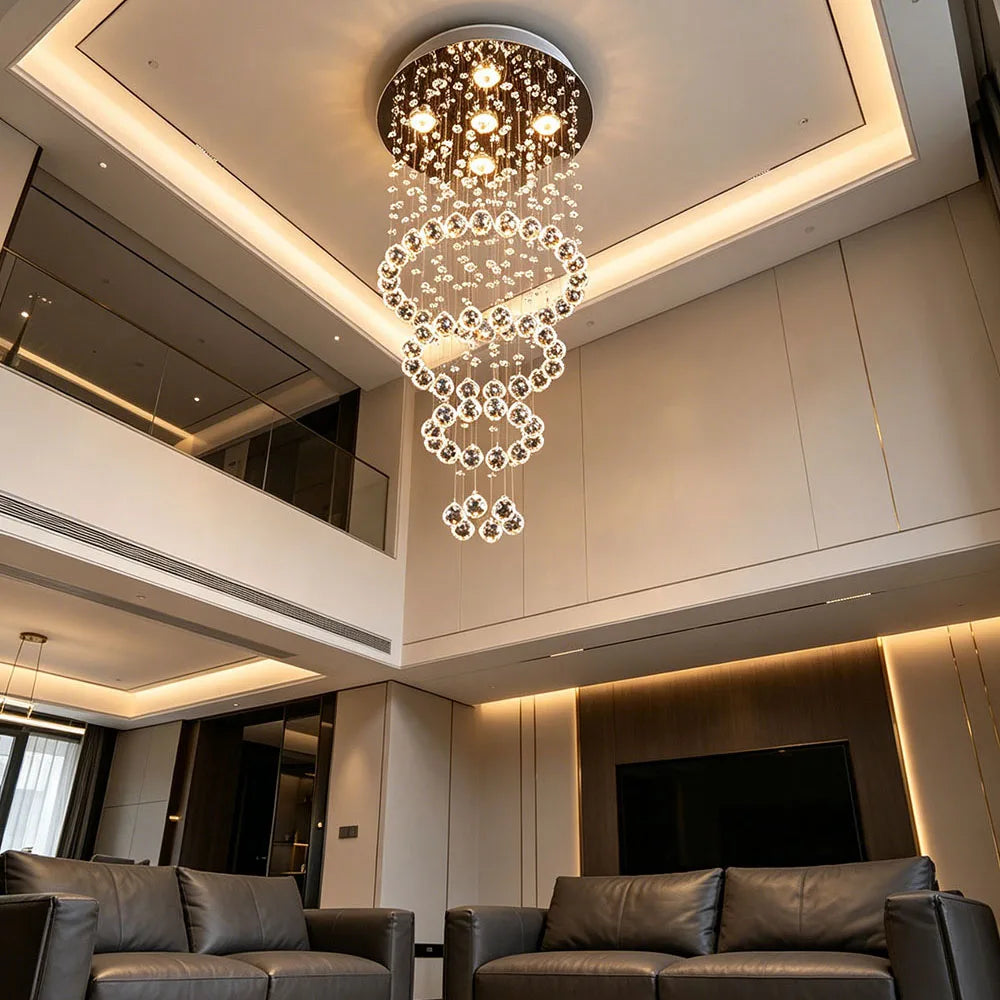 Multi Layer Waterfall Crystal Chandelier Round Ceiling Mount Pendant Light For Staircase Villa Hall Luxury Decor Fixture
