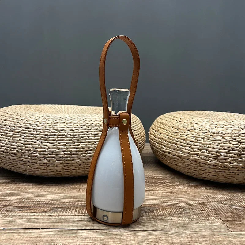 Nordic Atmosphere Creative Glass Bottle LED Table Lamp Leather Bedroom Bedside Bar Portable Outdoor Camping Light Charging Art