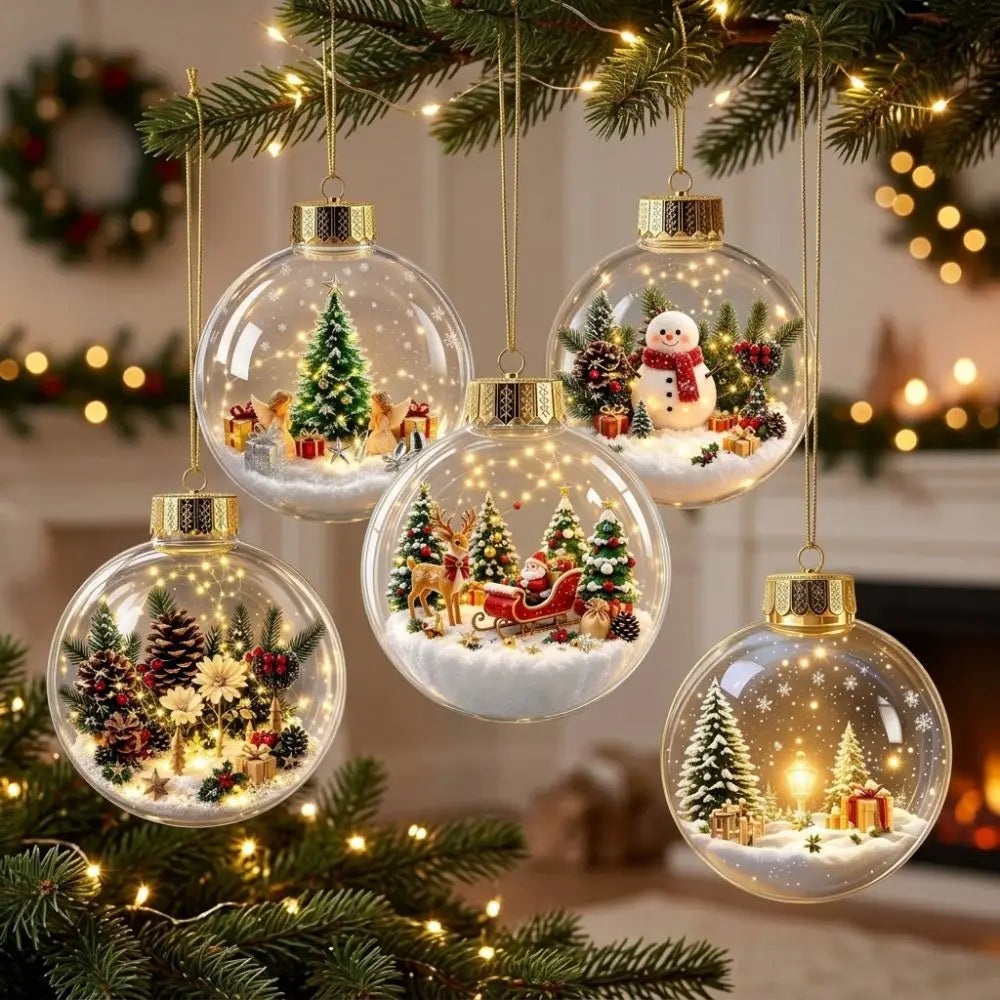 Clear Acrylic Lighted Christmas Ball Ornament Mini Interior Scene Warm LED Light-Up Tree Hanging Bauble Shock-Resistant Cartoon