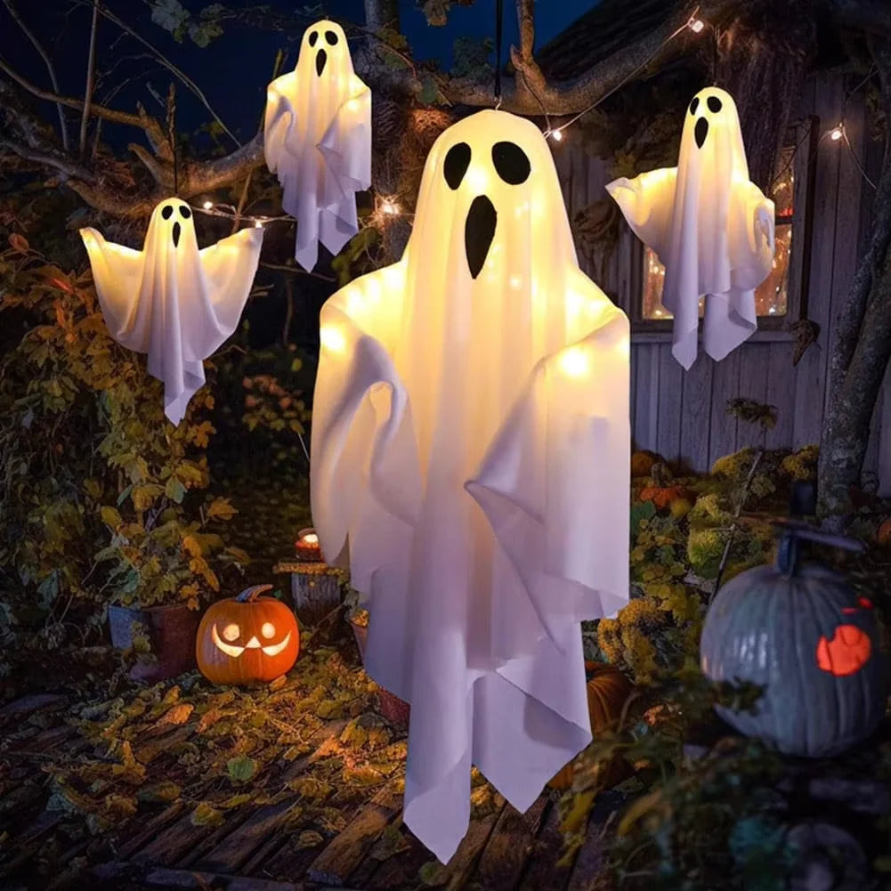 Halloween Glowing White LED Hanging Ghost - Horror Prop with Fairy Lights