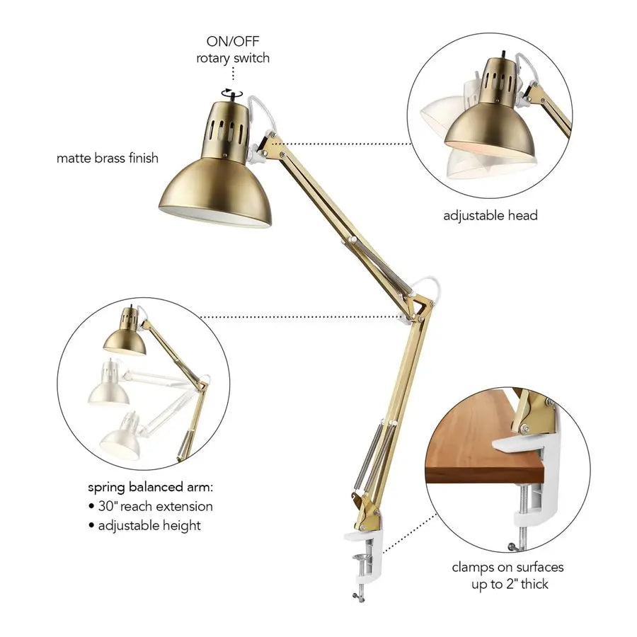 Electric 62000010 32 MultiJoint Desk Lamp with Metal Clamp, Matte Brass, White Accents, On Off Rotary Switch on Shade, Partially