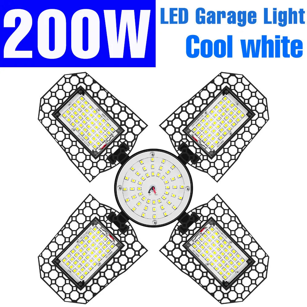 200W Deformable LED Garage Light (E26/E27) AC85-265V - Foldable High Bay Ceiling Lamp for Workshop, Warehouse & Basement