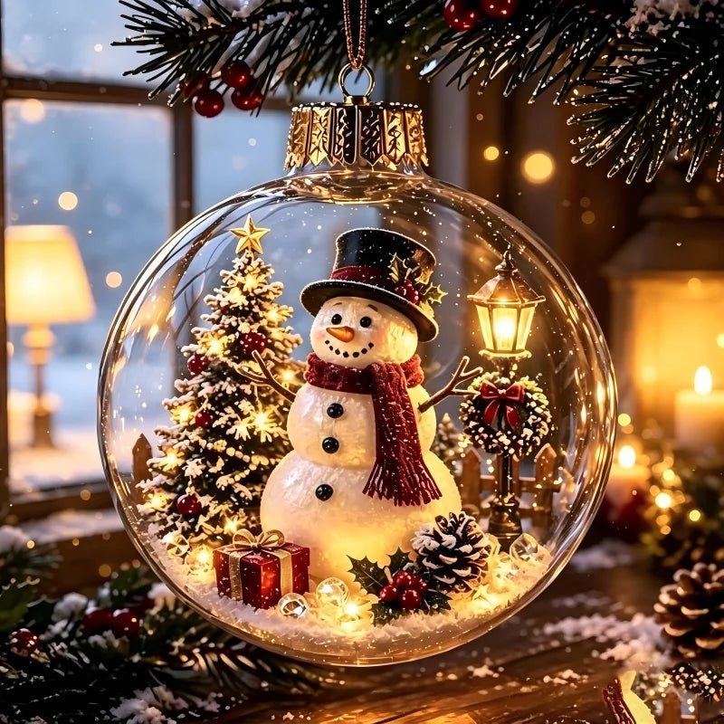 Acrylic Christmas Bell Ornament Decoration 3D Snow Globe Santa Snowman Ball Hanging Xmas Tree Pendant Christmas Party Decoration