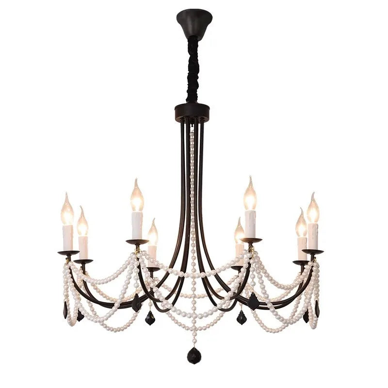 American Retro Candle Chandelier Living Room Black Metal E14 Led Pendant Lights Home Decor Pearl Led Lamparas Hanging Lamp