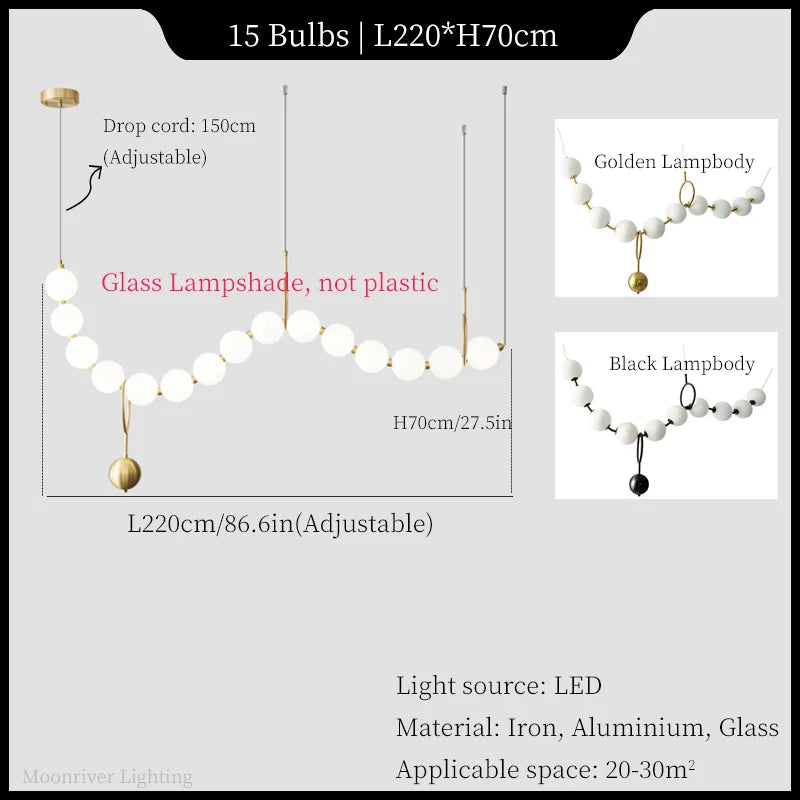 European Luxury Necklace Glass Ball Pendant Light - Modern White Pearl Bean Chandelier Fixture for Restaurant, Hotel Hall & Dining Room