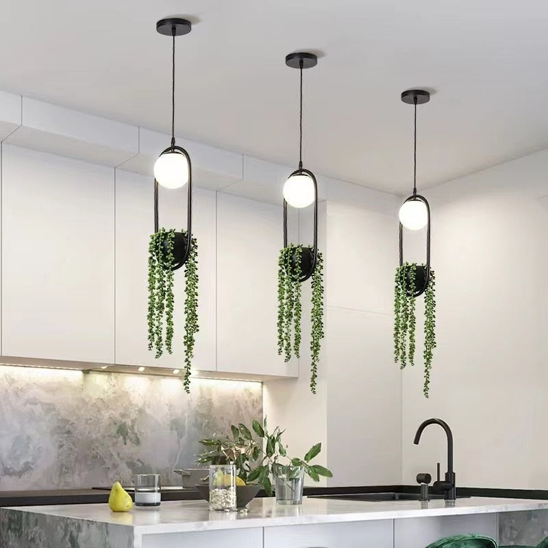 DIY Ring Plant Pendant Lights Black Flower Pot Hanging Lamp Dining Room Bar Restaurant Home Decor Lighting Fixtures