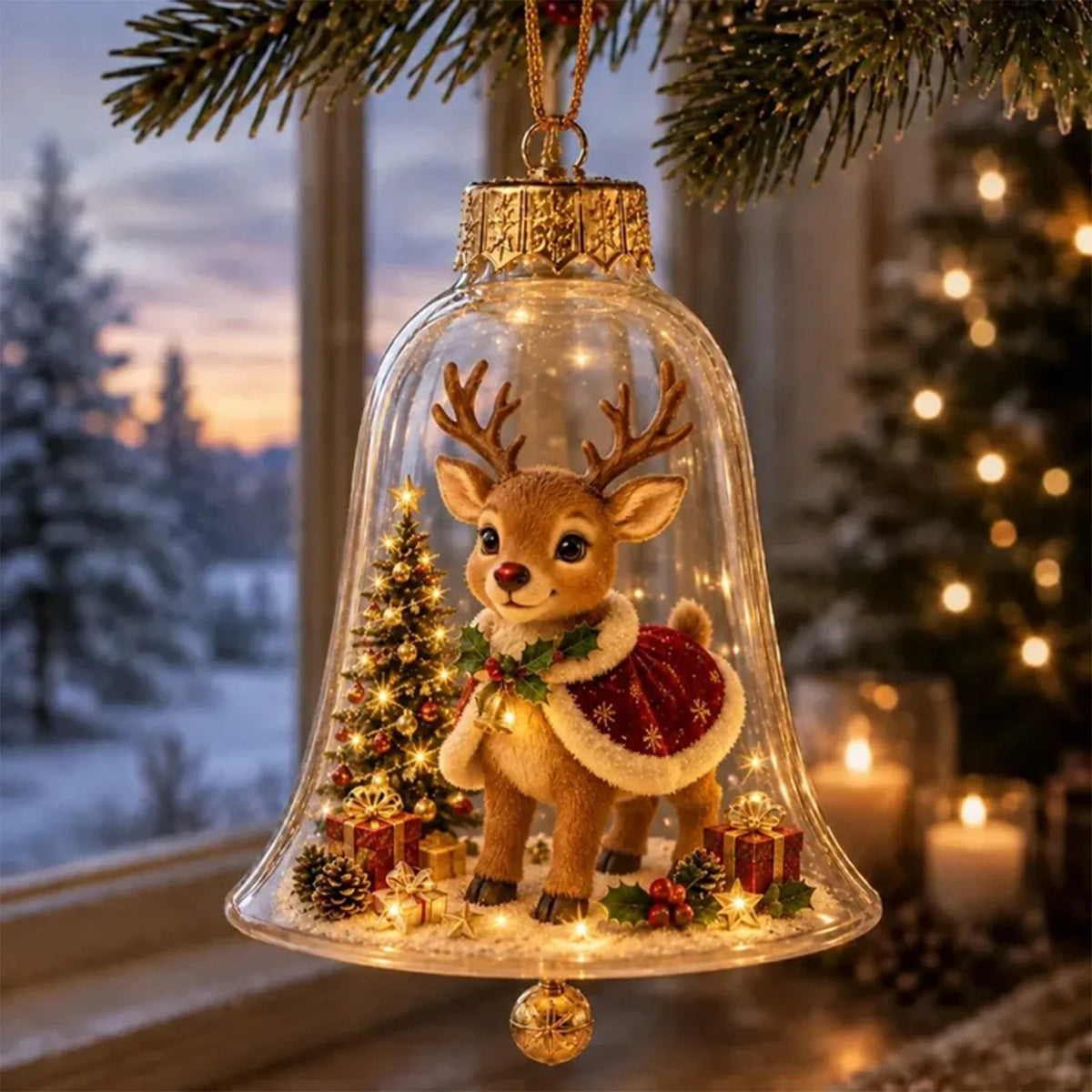 Acrylic Christmas Bell Ornament Decoration 3D Snow Globe Santa Snowman Ball Hanging Xmas Tree Pendant Christmas Party Decoration