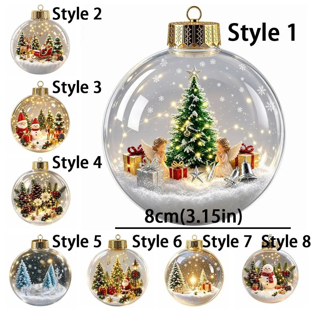 Clear Acrylic Lighted Christmas Ball Ornament Mini Interior Scene Warm LED Light-Up Tree Hanging Bauble Shock-Resistant Cartoon
