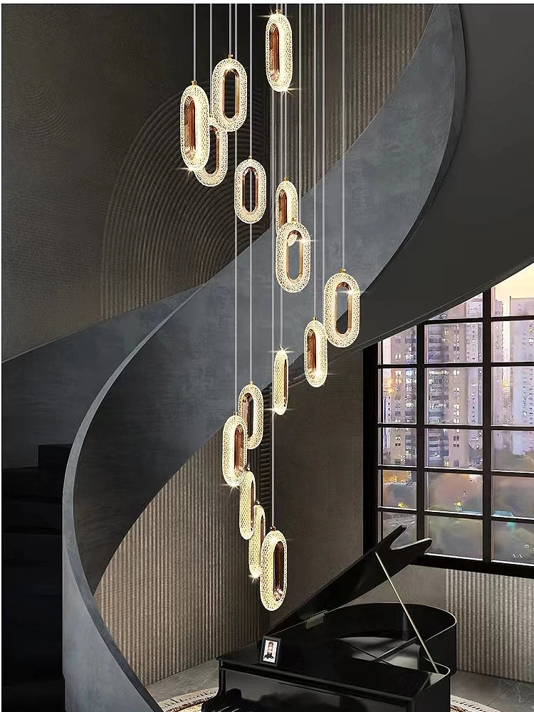 Modern LED Luxury Pendant Light Hanging Elliptical Staircase Chandelier Villa Living Room Pendent Lamp Kitchen Decorative Light