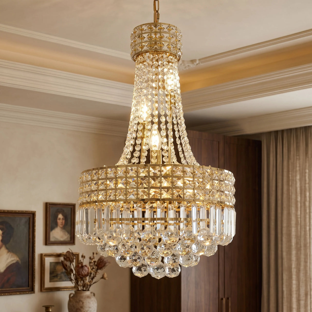 Modern Gold Crystal Chandelier, Empire Style Dimmable K9 Crystal Pendant Light Adjustable Chain Hanging Lamp for High Ceiling Living Room Bedroom Dining Room Kitchen Island Hallway Staircase