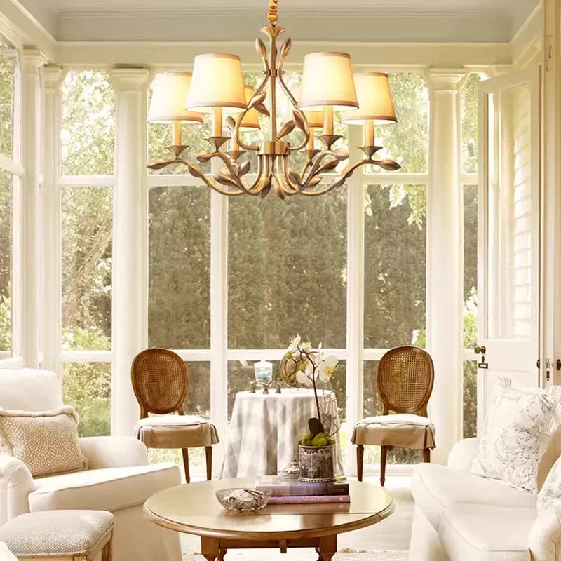 American Retro Luxury Gold Copper Chandeliers Living Dining Bedroom Pendant Lights Fabric Shades Flower Deco Led Lighting Lamps