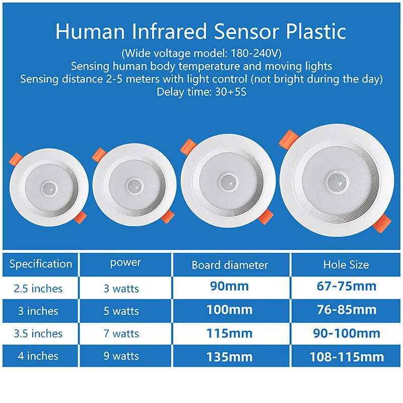 Recessed Stairs Lighting Downlight Human Body Motion Sensor Ceiling Lights 3W 5W 7W 9W Smart Home LED Spot Built-in Lamp