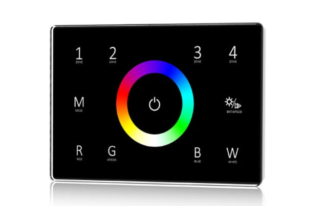 110-240VAC Input T11(IT) 4 Zones Dimming Glass Touch Panel DMX Master T12 CCT / T13 RGB / T14 RGBW DMX512 2.4G RF AC Controller