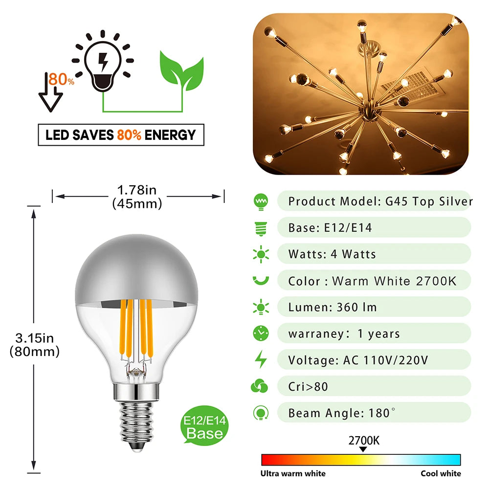 G45 Edison LED Globe Night Bulb - 4W Dimmable E12 E14 E26 E27 Silver Top Mirror Light