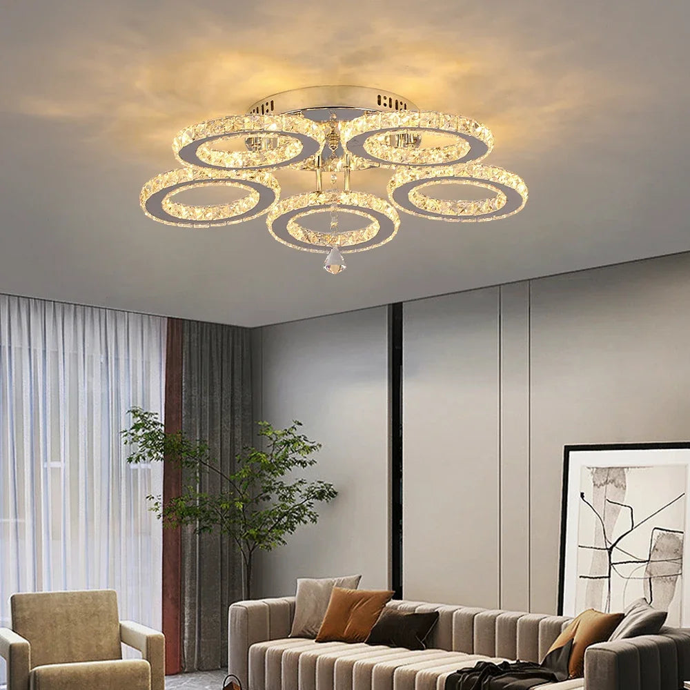 Modern Lustres K9 Crystal Chandelier Ceiling Lamps 3 Rings Stainless Steel Hanging Light Fixture 30W Led Pendant Lamp Home Decor