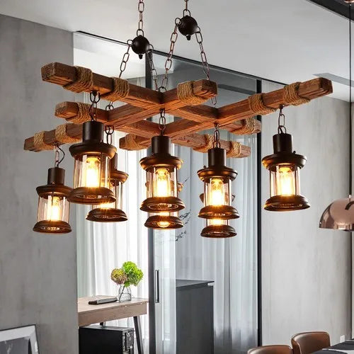 8-Light Rustic Country Chandelier Wood Pendant Lamp Industrial Ceiling Light Adjustable Height Vintage Style for Home Cafe Bar