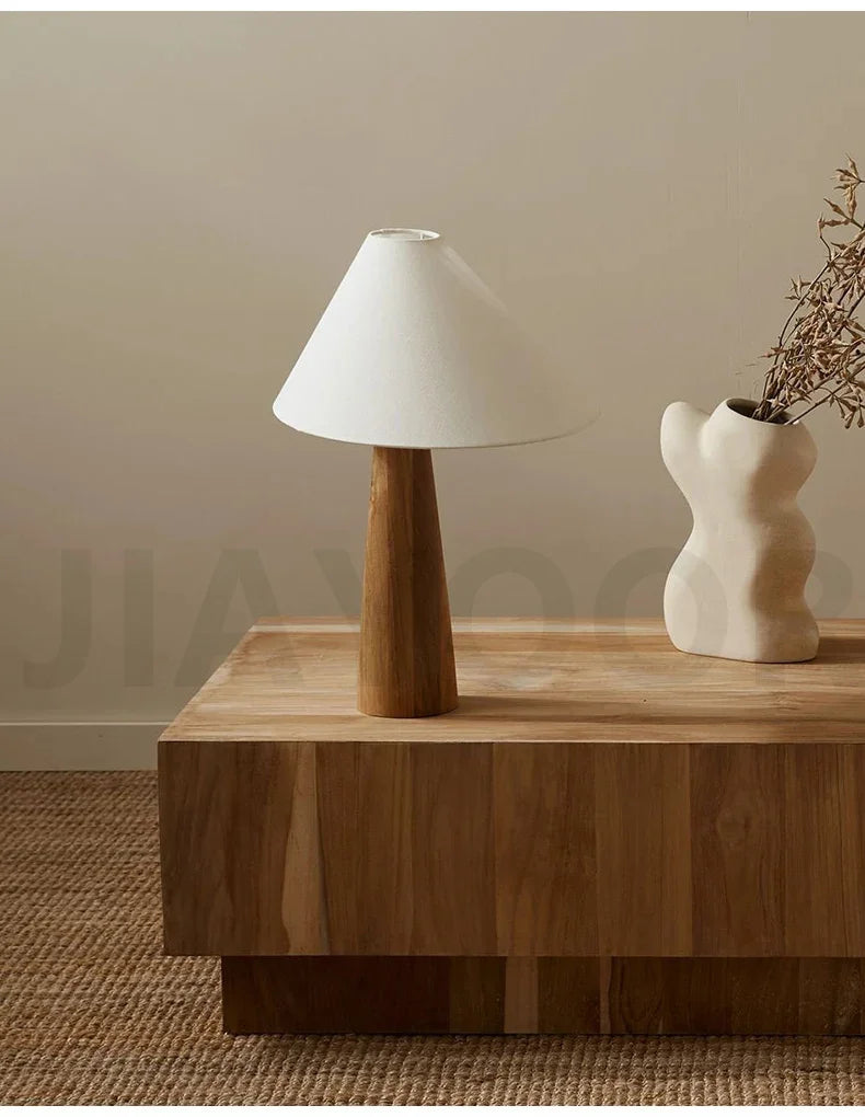 Conical Oak Solid Wood Floor Lamp - Retro Wabi-Sabi Standing Light & Desk Lamp Fixture for Living Room, Bedroom & Study
