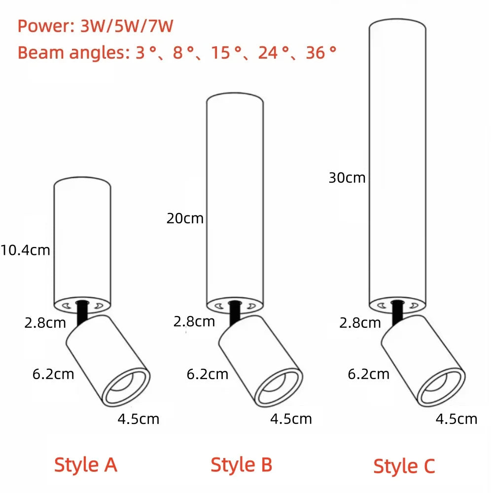3° 8° 15° Surface Mounted LED Spot Small Angle Beam Home Lighting, Ceiling Mounted Ambient Backlight