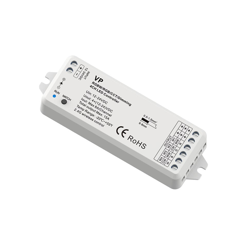 RGBW/RGB/CCT/Dimming 4 Channel RGBW LED RF Controller 12V-24V DC Constant Voltage 4 in 1 2.4G RF Wireless Receiver RT9 Remote