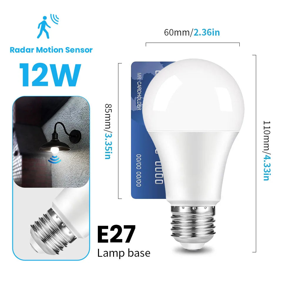 2-Pack E27 12W Radar Motion Sensor LED Bulbs - 220V Auto On Night Light for Hallway & Stairs