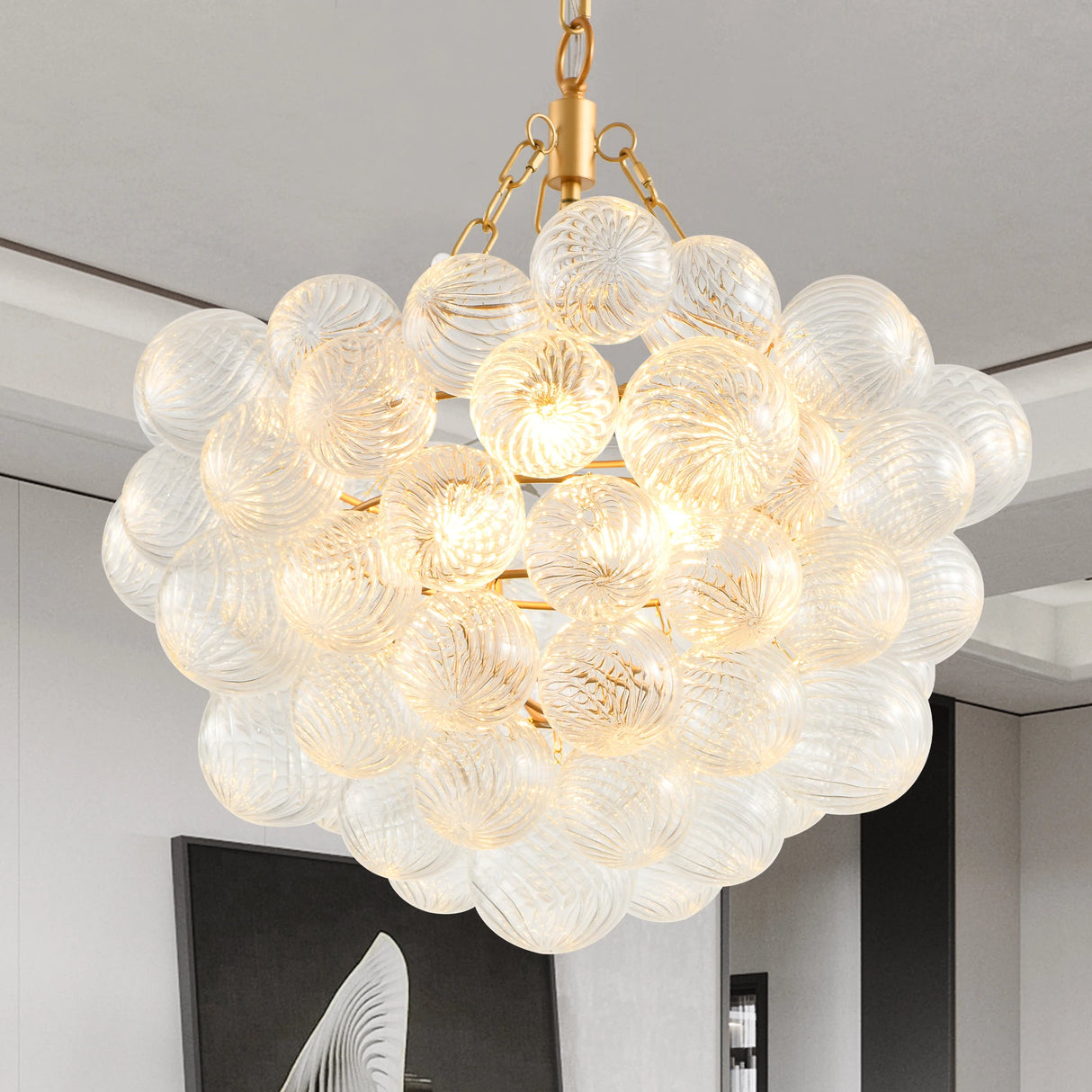 20-Inch Gold Pendant Light Chandelier with Threaded Clear Glass Globe Shade Adjustable Height (No Bulbs)